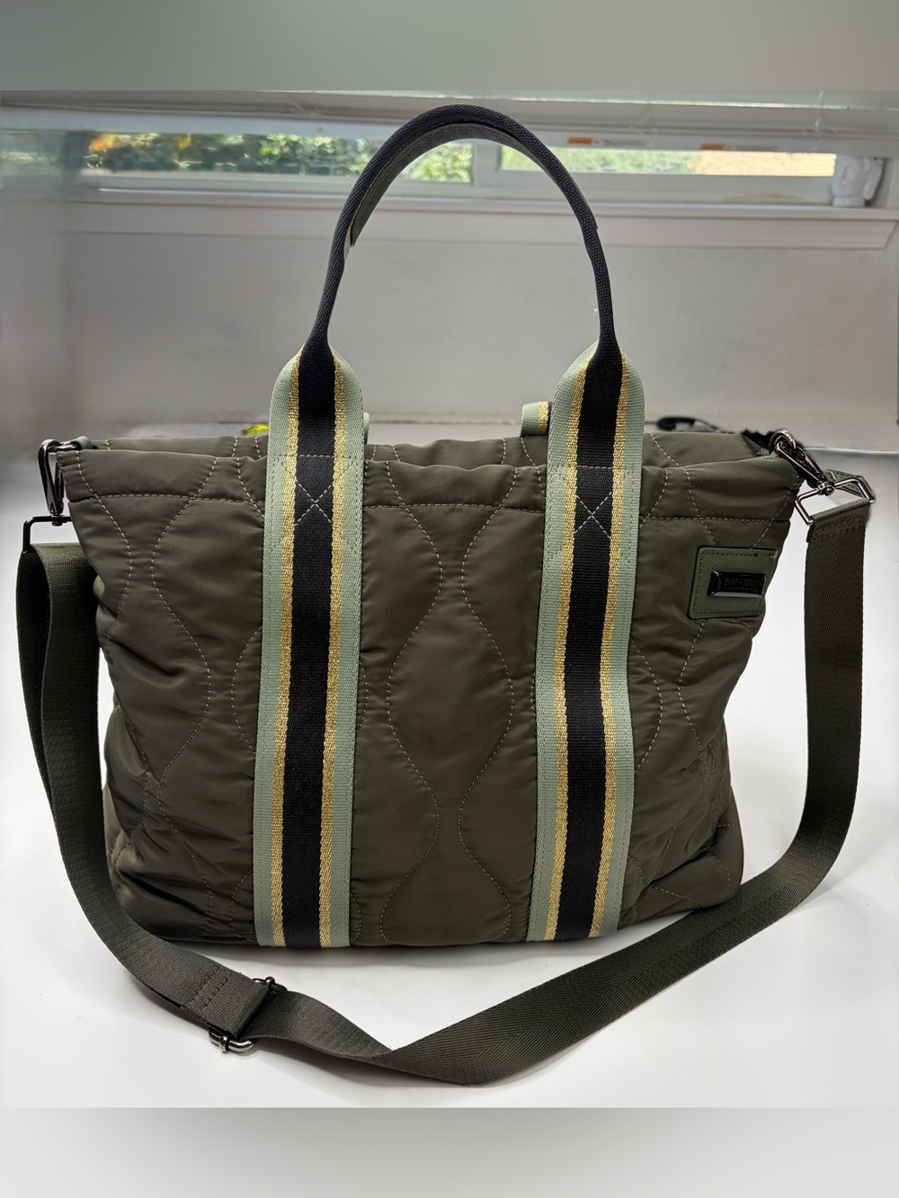 Saint + Sofia Quilted Olive Nylon Tote Bag w/Stripes GUC 11x15